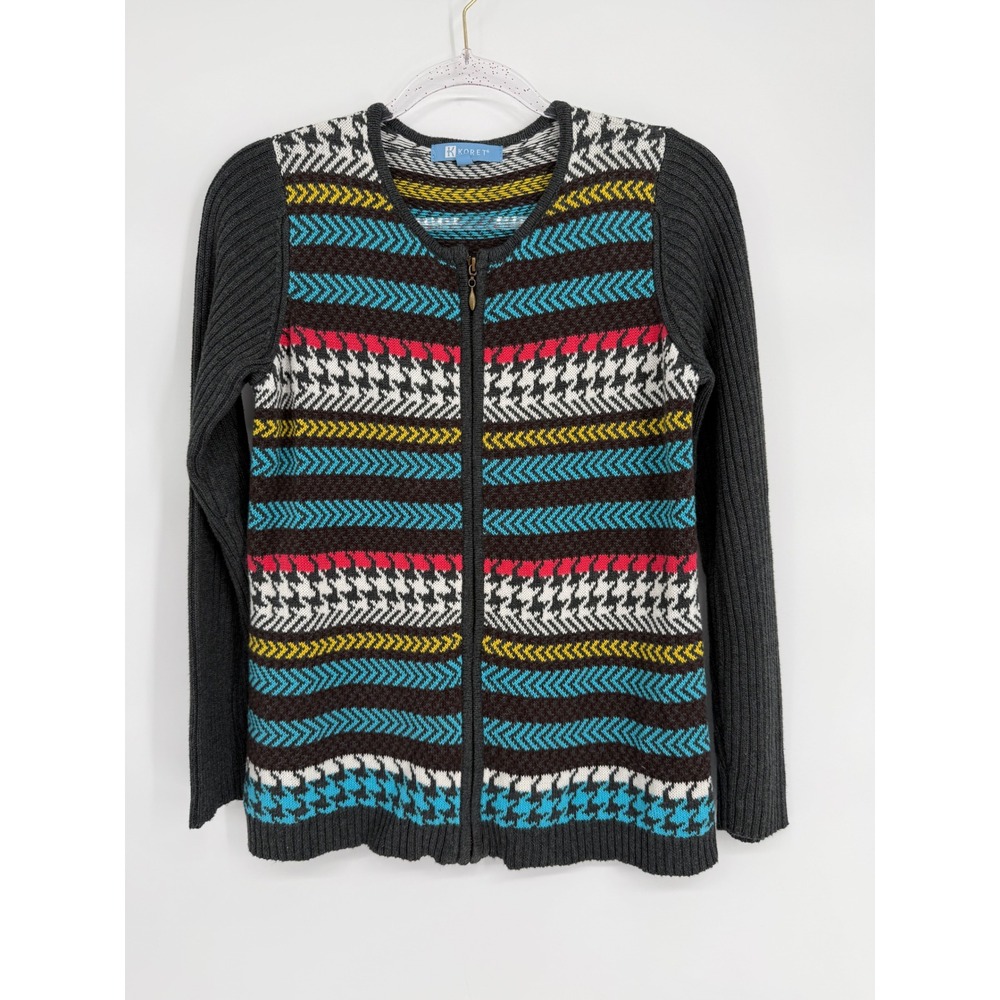 Koret Womens Full Zip Cardigan Sweater Gray Fair Isle Houndstooth Sz S